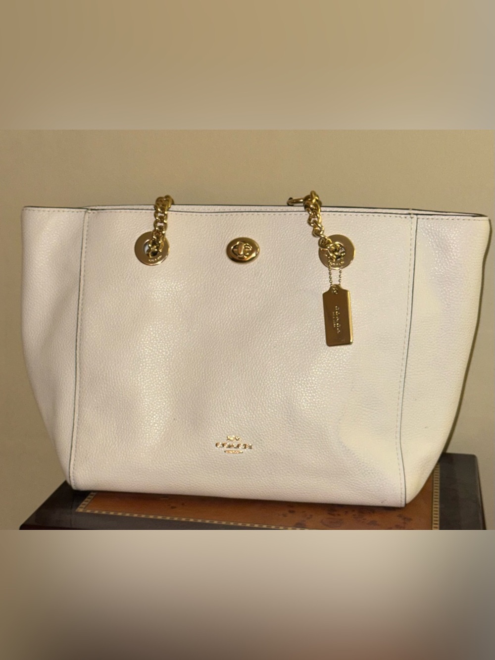 Coach Ivory Leather Tote with Gold Chain